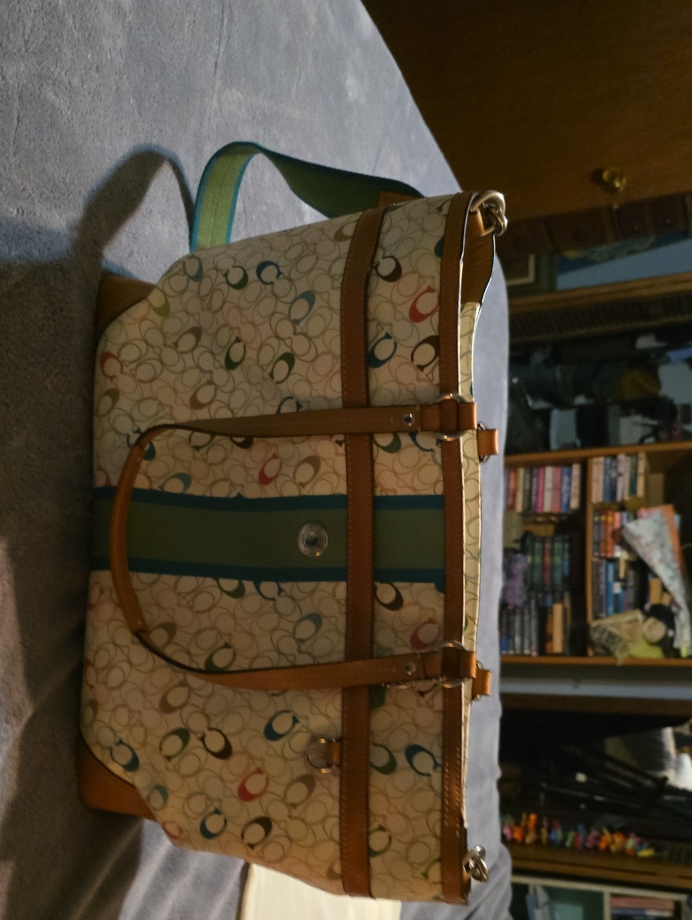 Coach Signature Canvas Duffel Bag in Cream with Tan Trim and Green/Blue Stripe